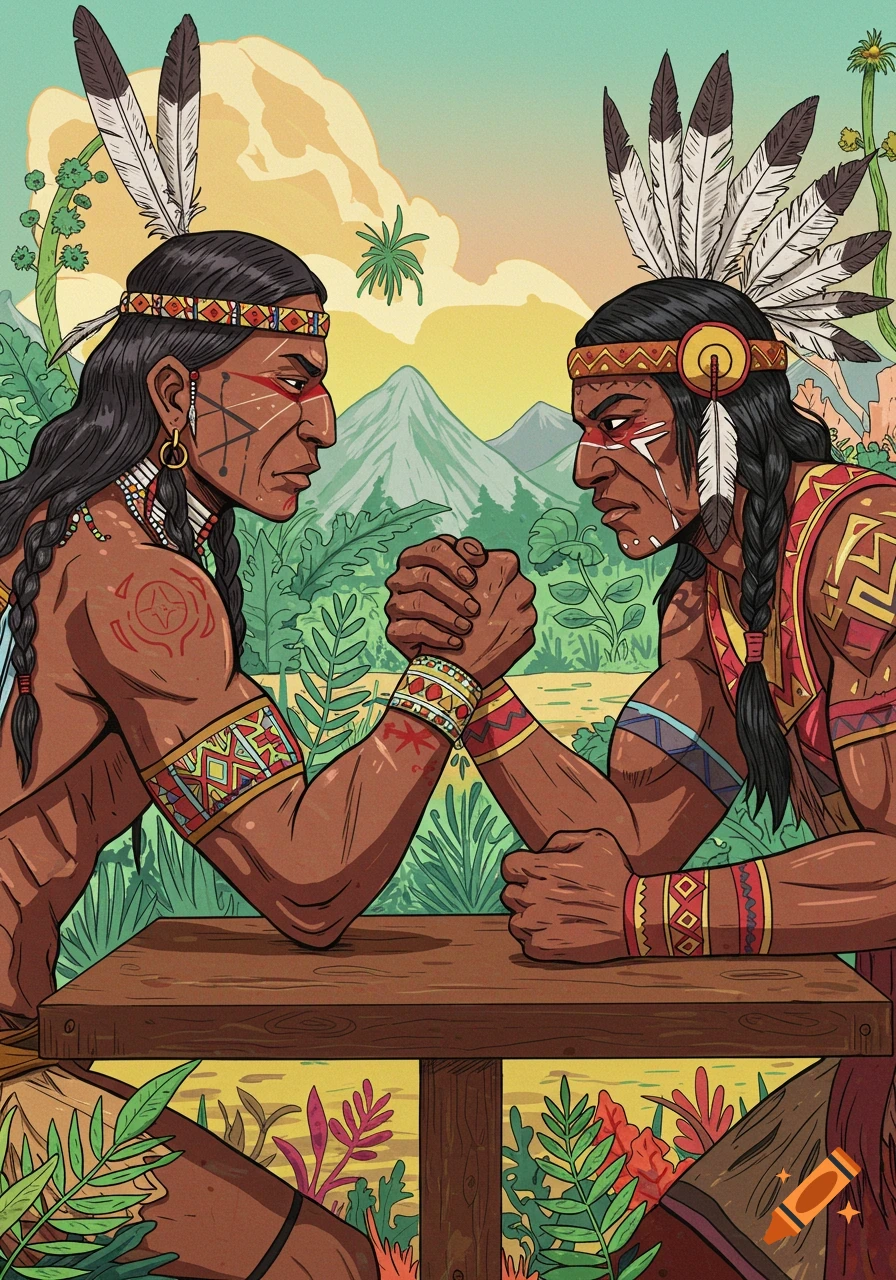 Two Native American men with traditional face paint and clothing arm wrestle at a table in a jungle setting, illustration.