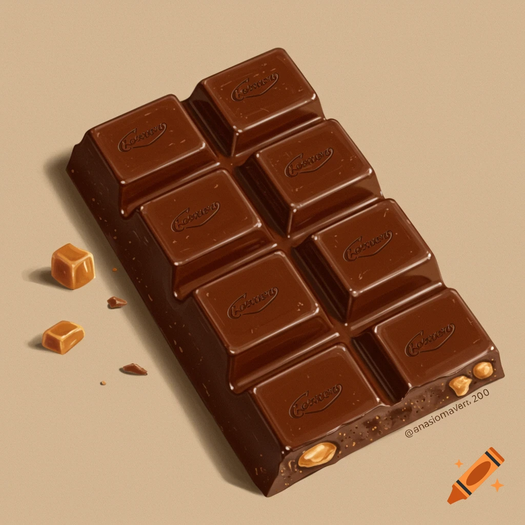 Digital illustration of a shiny chocolate bar with embossed branding, nuts, and caramel pieces