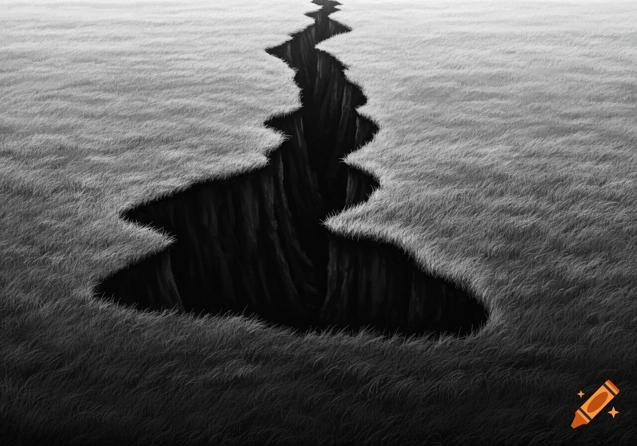 Black and white image of a winding crevasse cutting through a grassy field.
