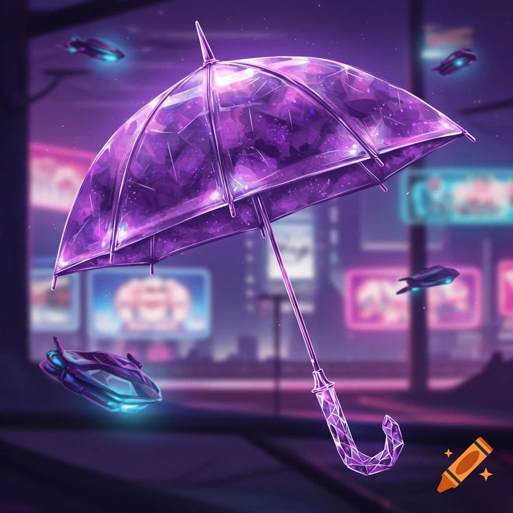 A purple crystal umbrella floats in a futuristic city scene at night with flying vehicles.