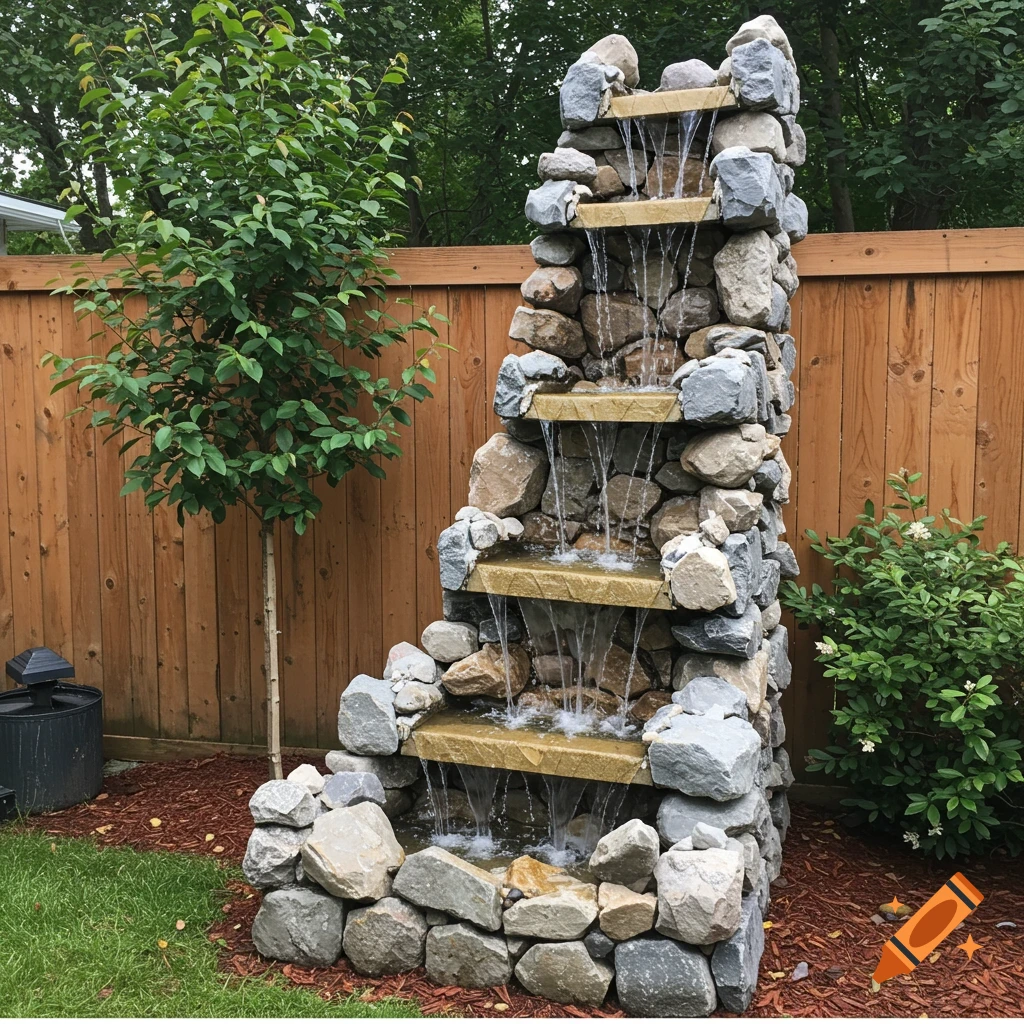 Rock waterfall feature in a backyard with a tree and fence.