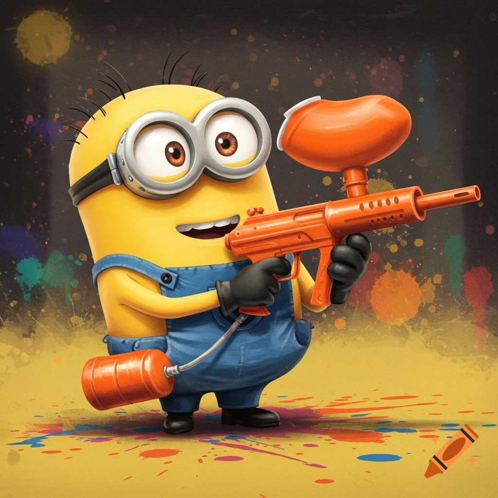 Cartoon minion character holds an orange paintball gun amidst colorful paint splatters.