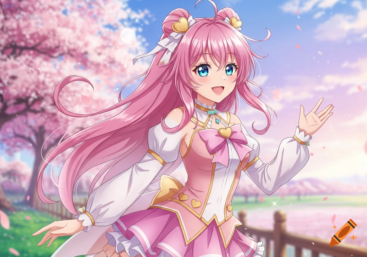 An anime girl with pink hair waving in a cherry blossom park.