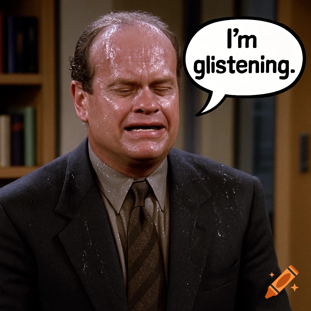 Frasier Craine sweating with a speech bubble saying 'I'm glistening.'