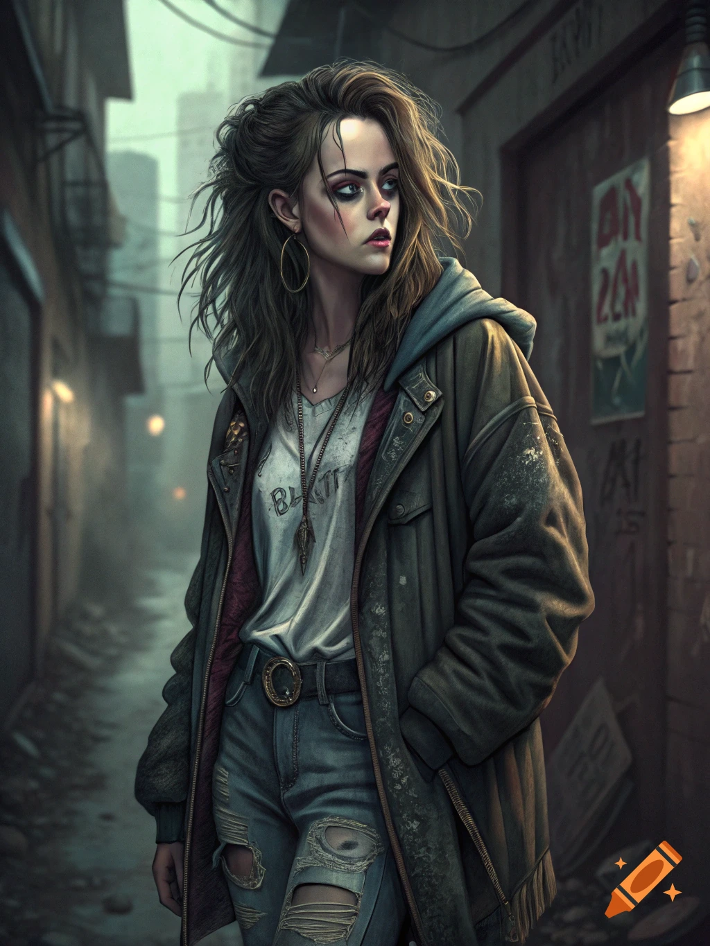 A grunge woman in ripped jeans and a dirty coat stands in a misty urban alley.