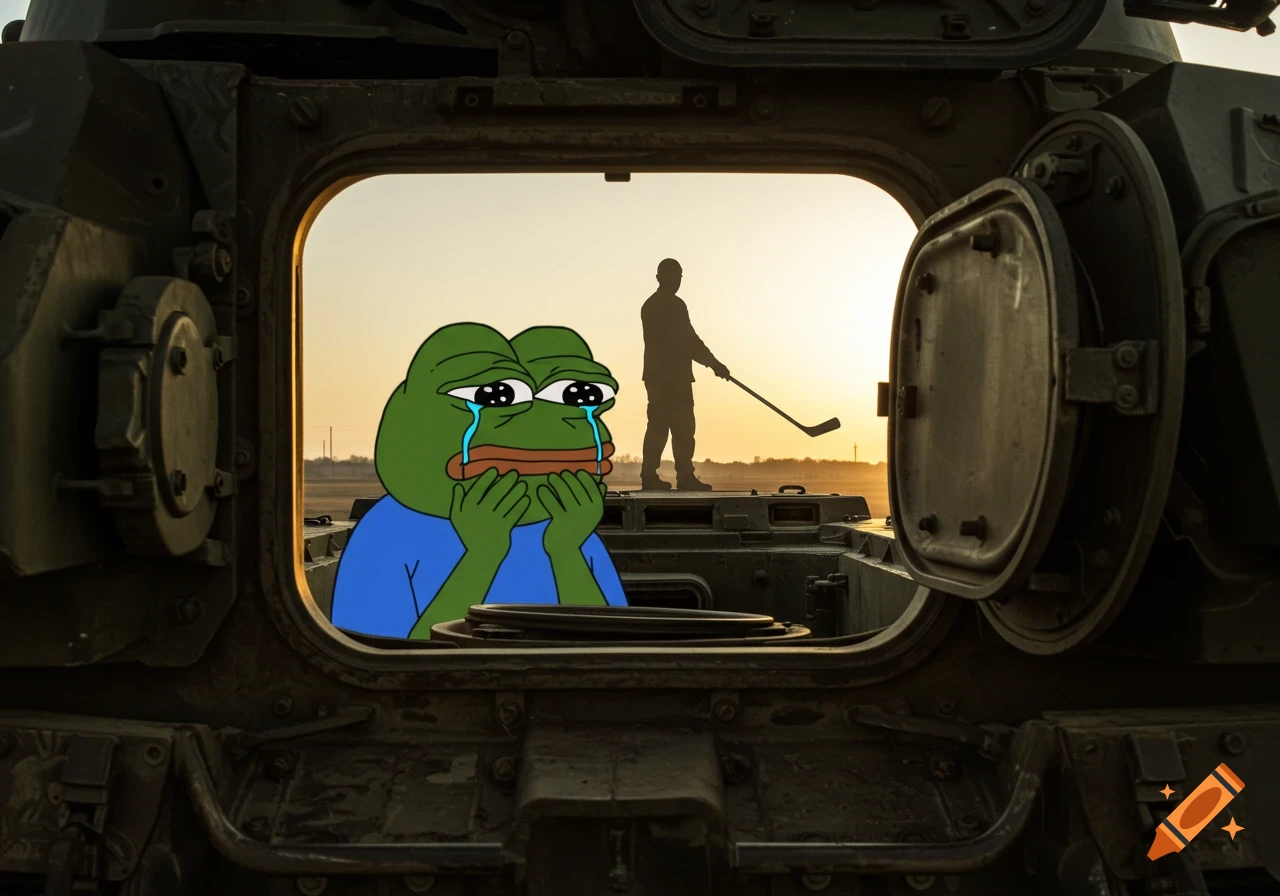 Crying Pepe the Frog meme character inside a tank hatch; a person with a hockey stick is silhouetted outside at sunset.