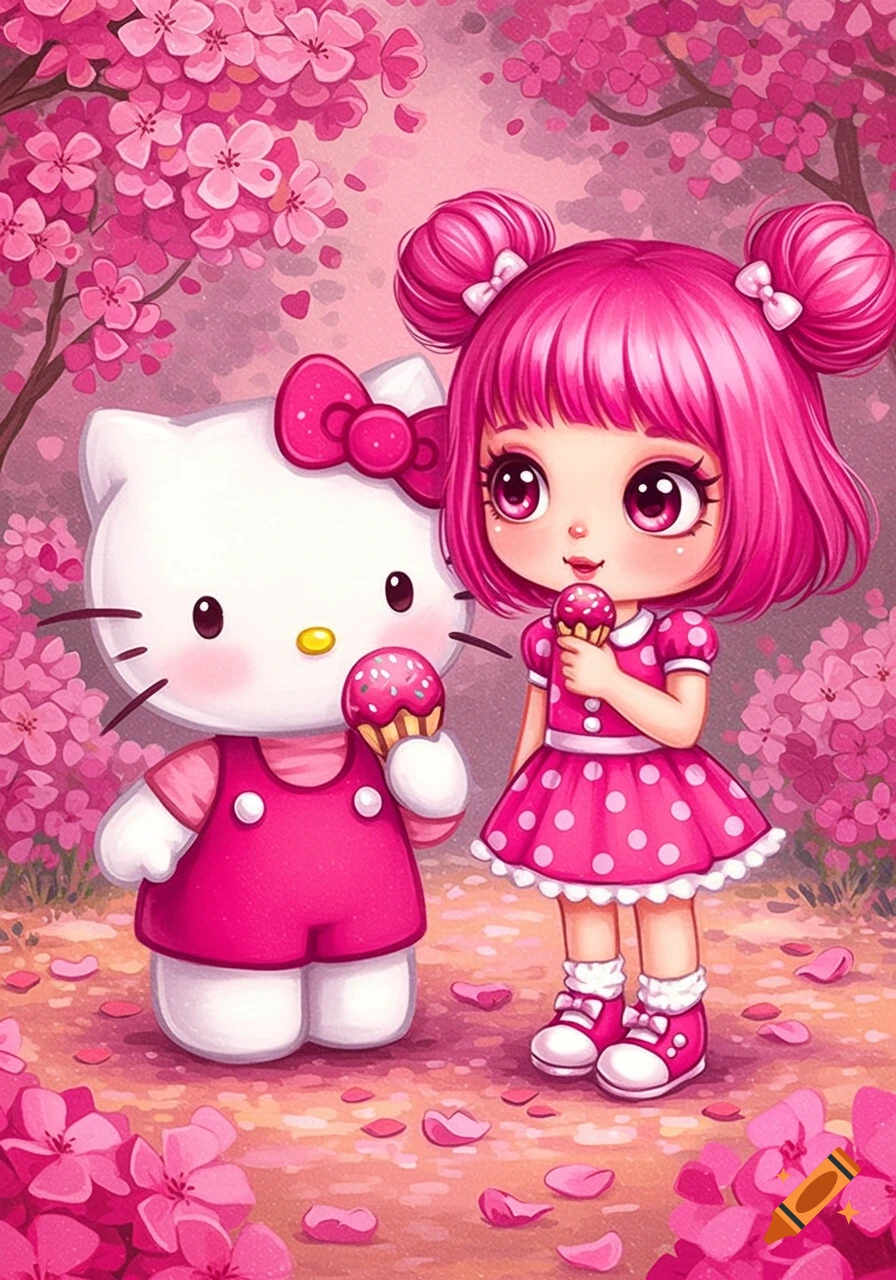 Cartoon Hello Kitty and pink-haired girl holding cupcakes in a pink cherry blossom forest.