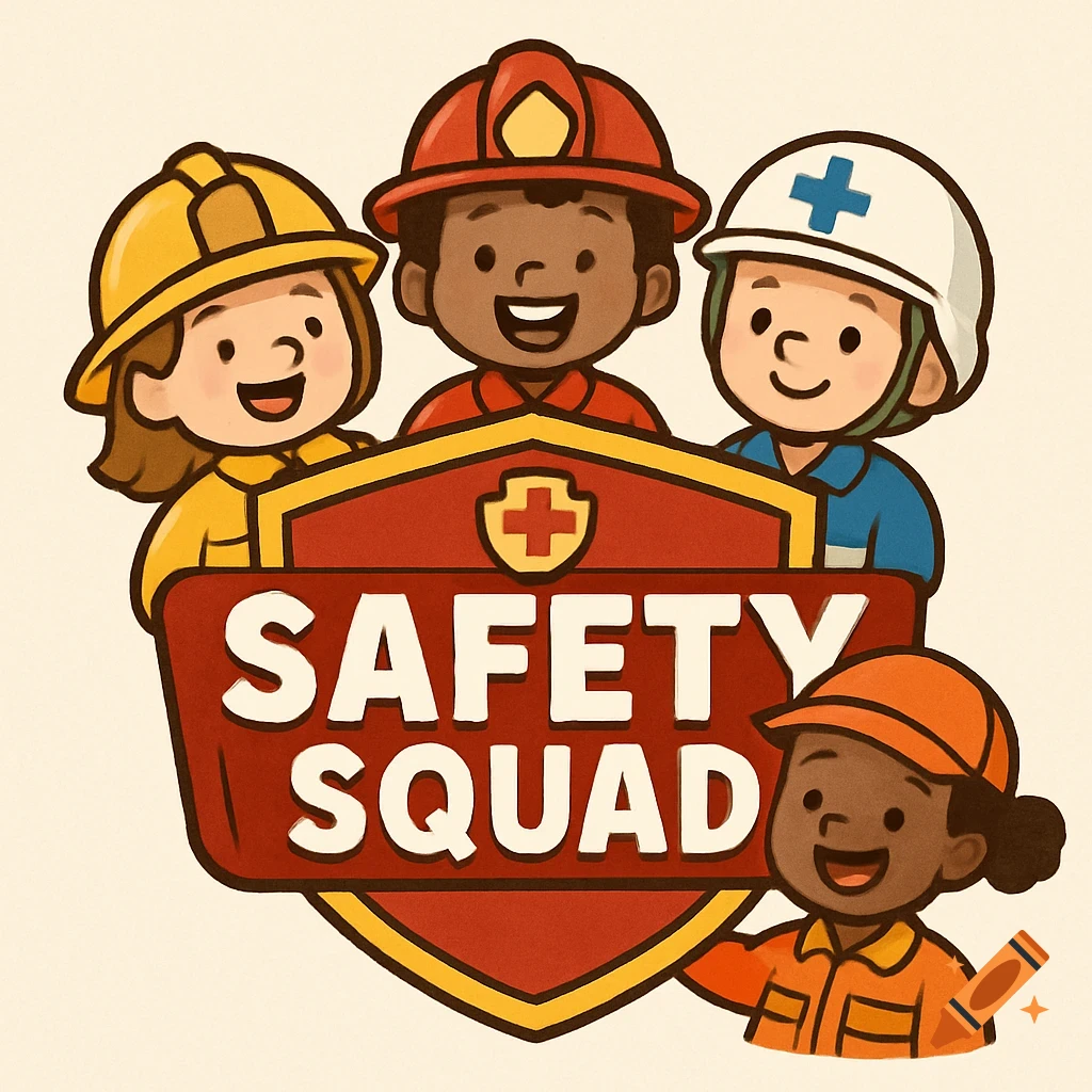 Cartoon logo with diverse children in safety gear (firefighter, medic, construction) behind a shield reading "SAFETY SQUAD".