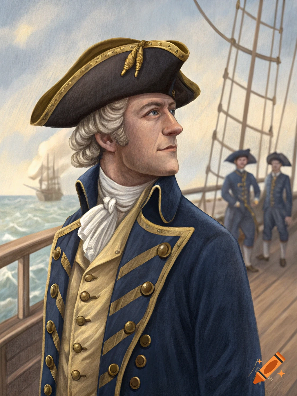 Portrait of a man in an 18th-century naval uniform on a ship.