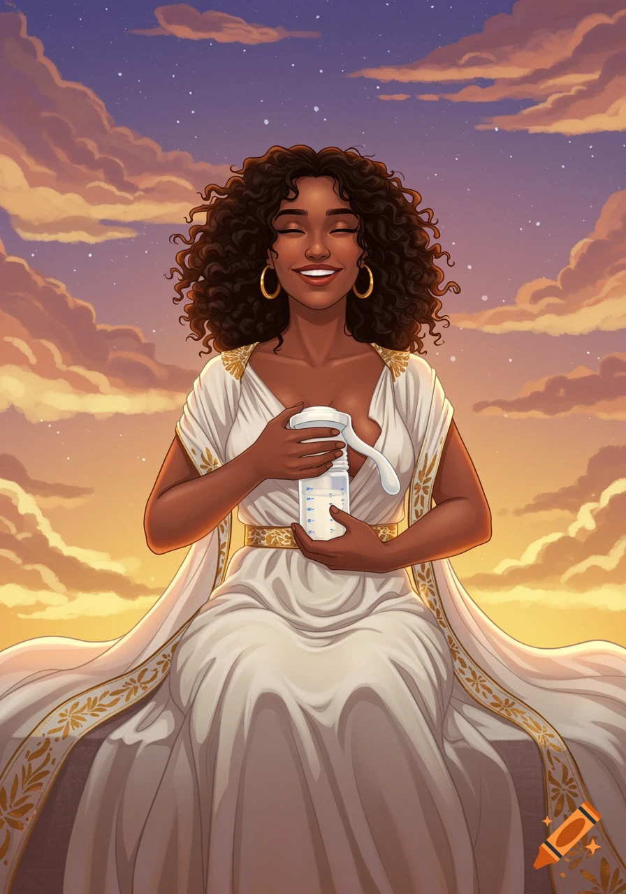 Illustration of a woman in a white dress holding a milk pump bottle against a sunset sky.