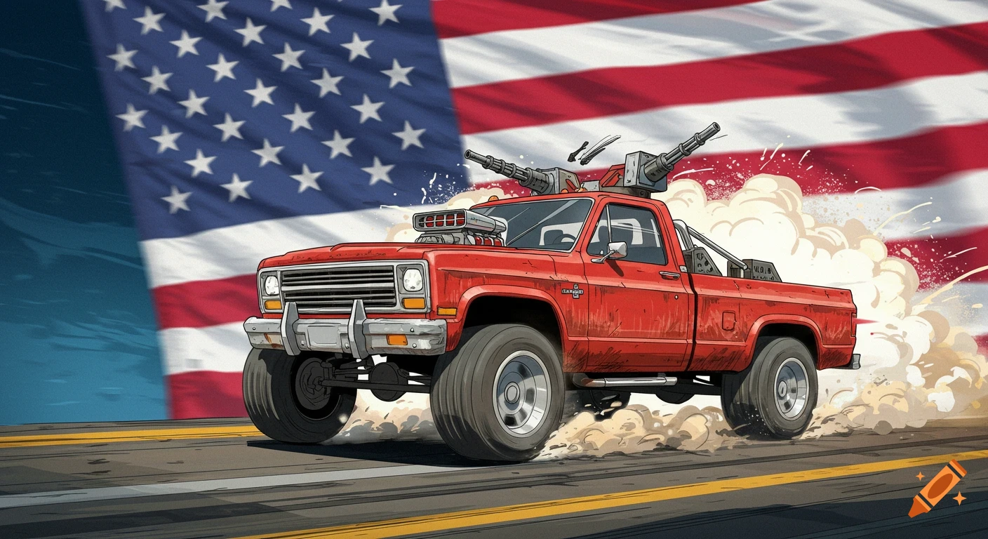 Cartoon red pickup truck with miniguns speeds down a road in front of a large American flag.