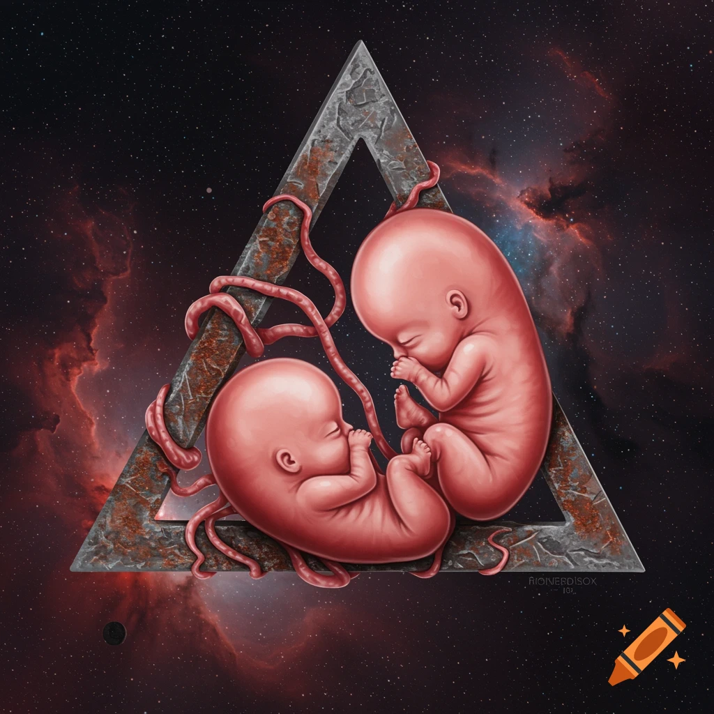 Two fetuses inside a metallic triangle against a starry nebula background
