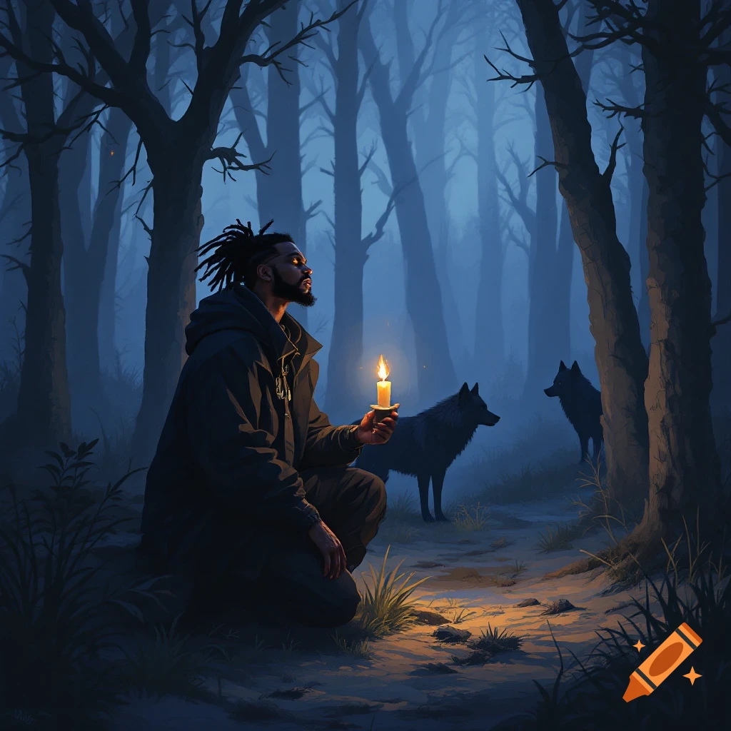 A man kneels in a dark forest holding a lit candle, with two black wolves standing behind him.