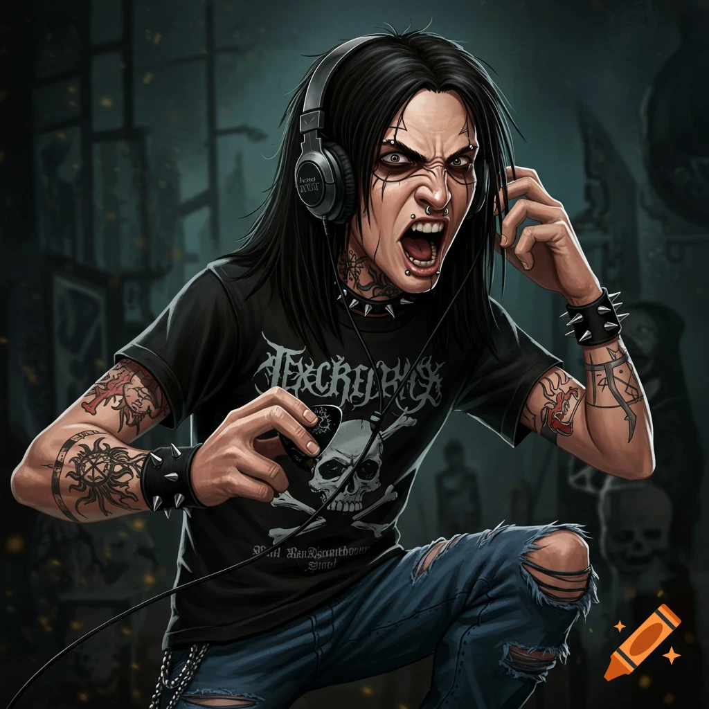 A cartoonish character with black hair, piercings, and tattoos, wearing a metal band t-shirt and headphones, looking intense.