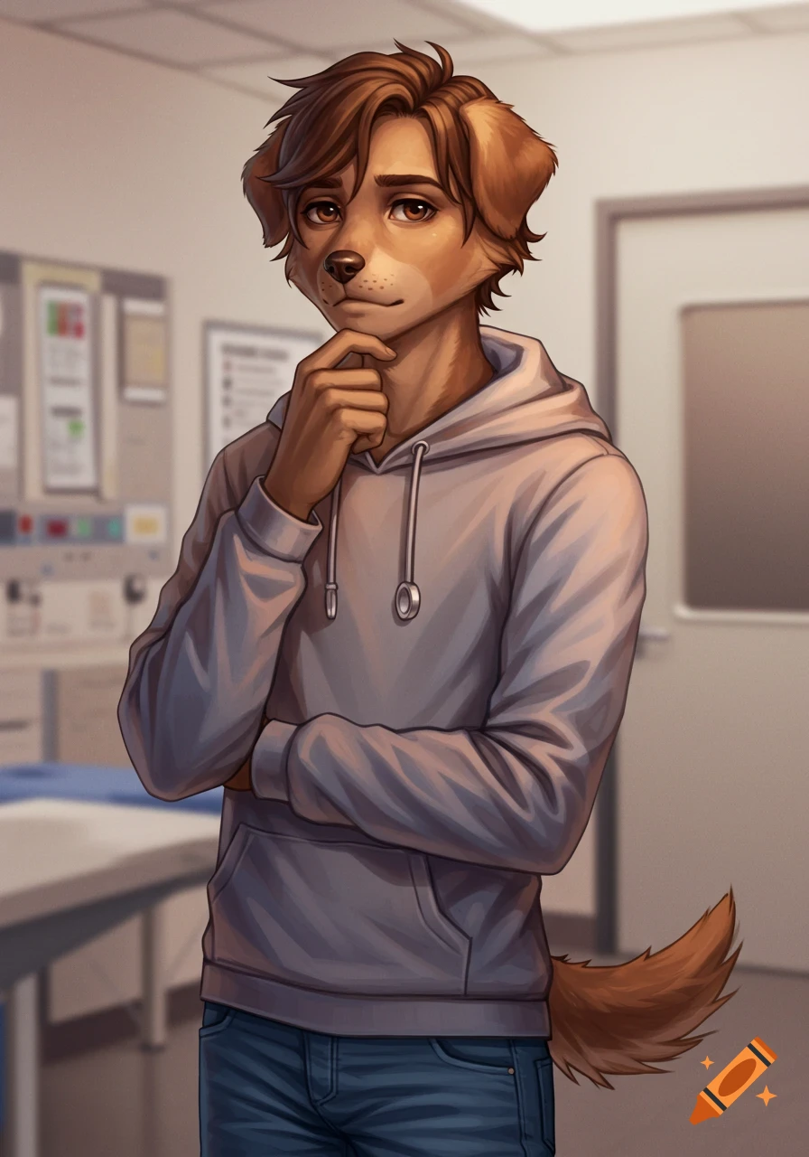 A thoughtful anthropomorphic dog in a hoodie and jeans stands in a vet office.