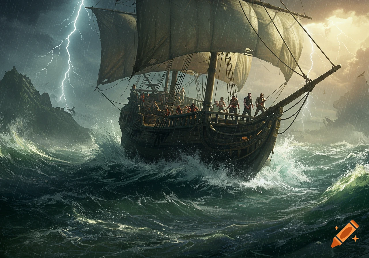 A pirate ship battles rough seas under a stormy sky with lightning.