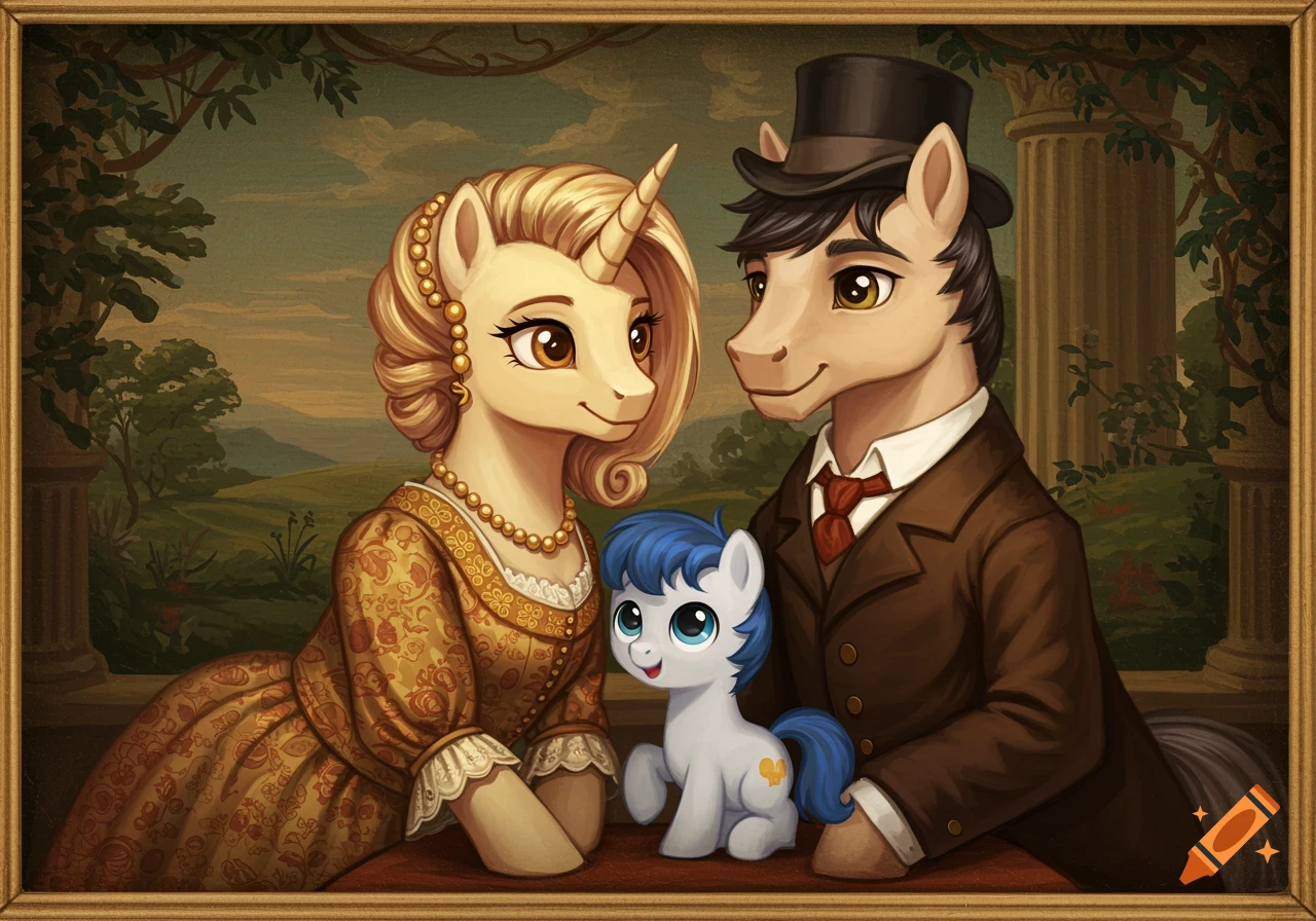 Old-fashioned portrait of a family of ponies in antique clothing