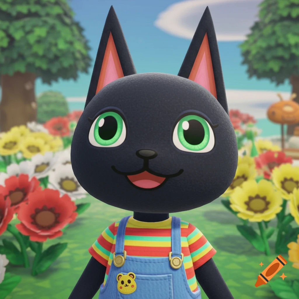 A black cat character from Animal Crossing in overalls stands in a field of flowers.