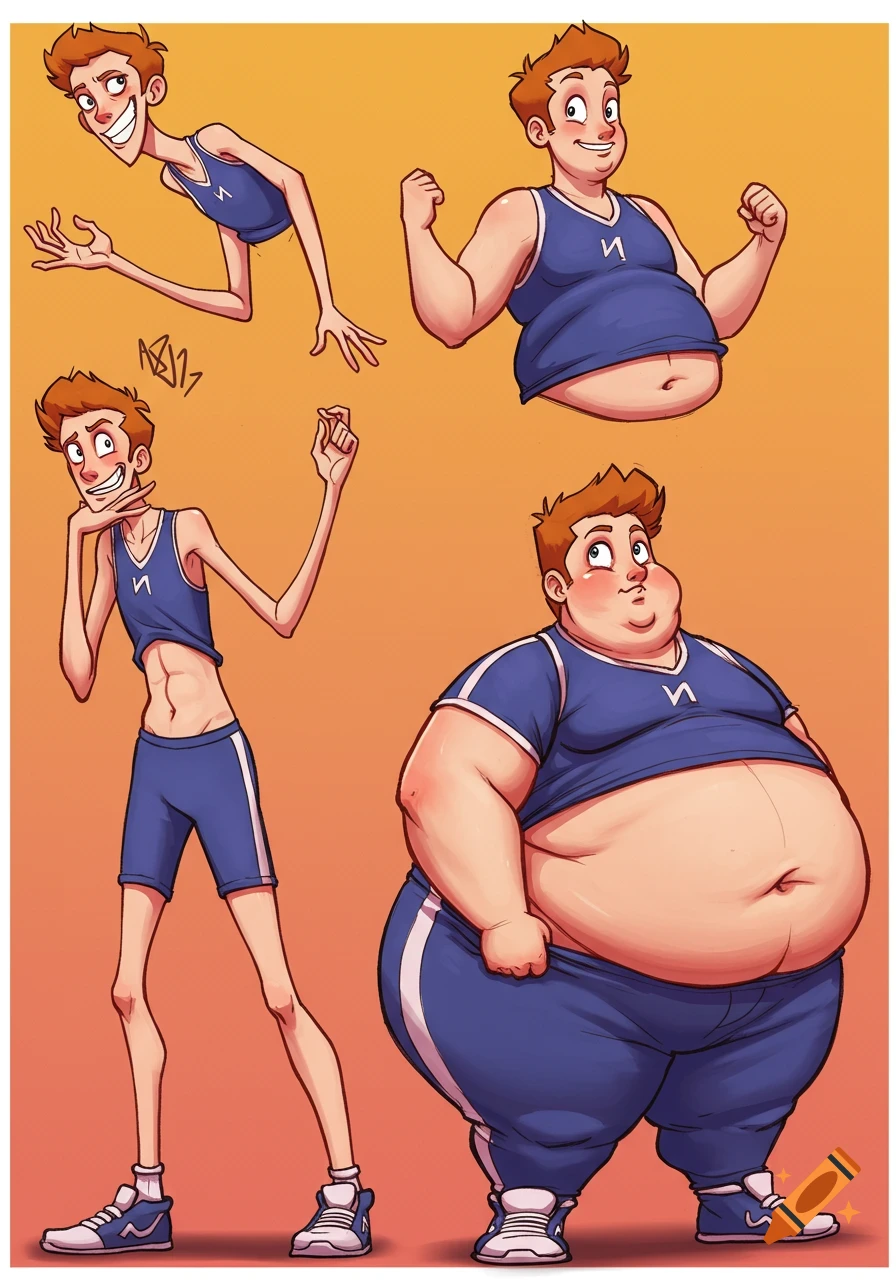 Cartoon illustrations of a male character in a sports uniform transitioning from skinny to obese.