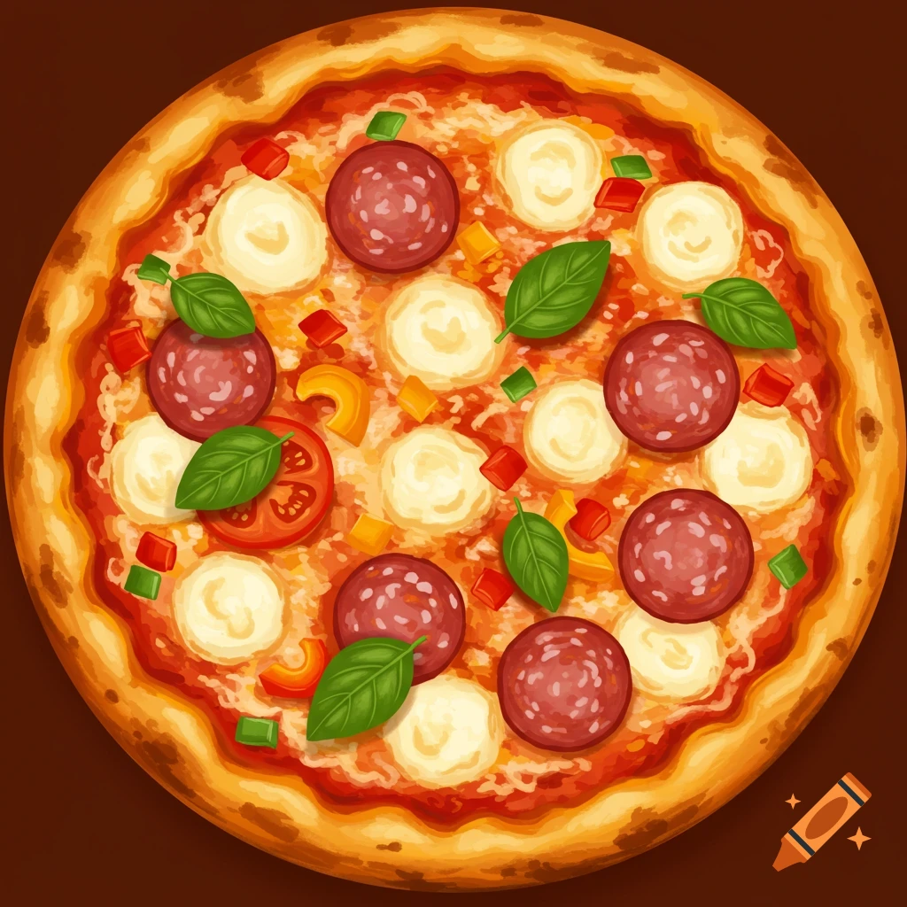 A top-down view of a whole pizza with pepperoni, mozzarella, basil, and peppers in an illustrative style.