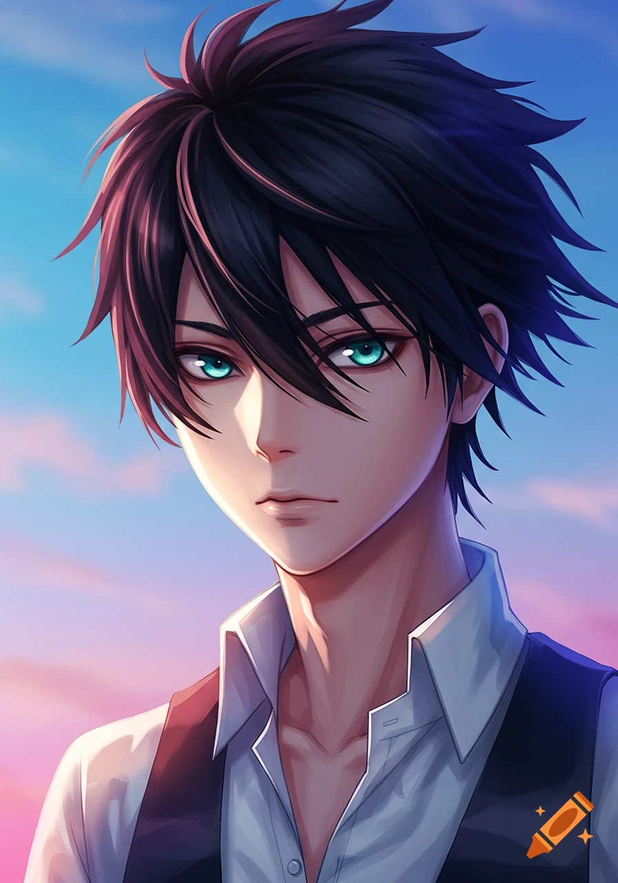 Anime portrait of a male with black hair and blue eyes, wearing a shirt and vest, against a sky background.