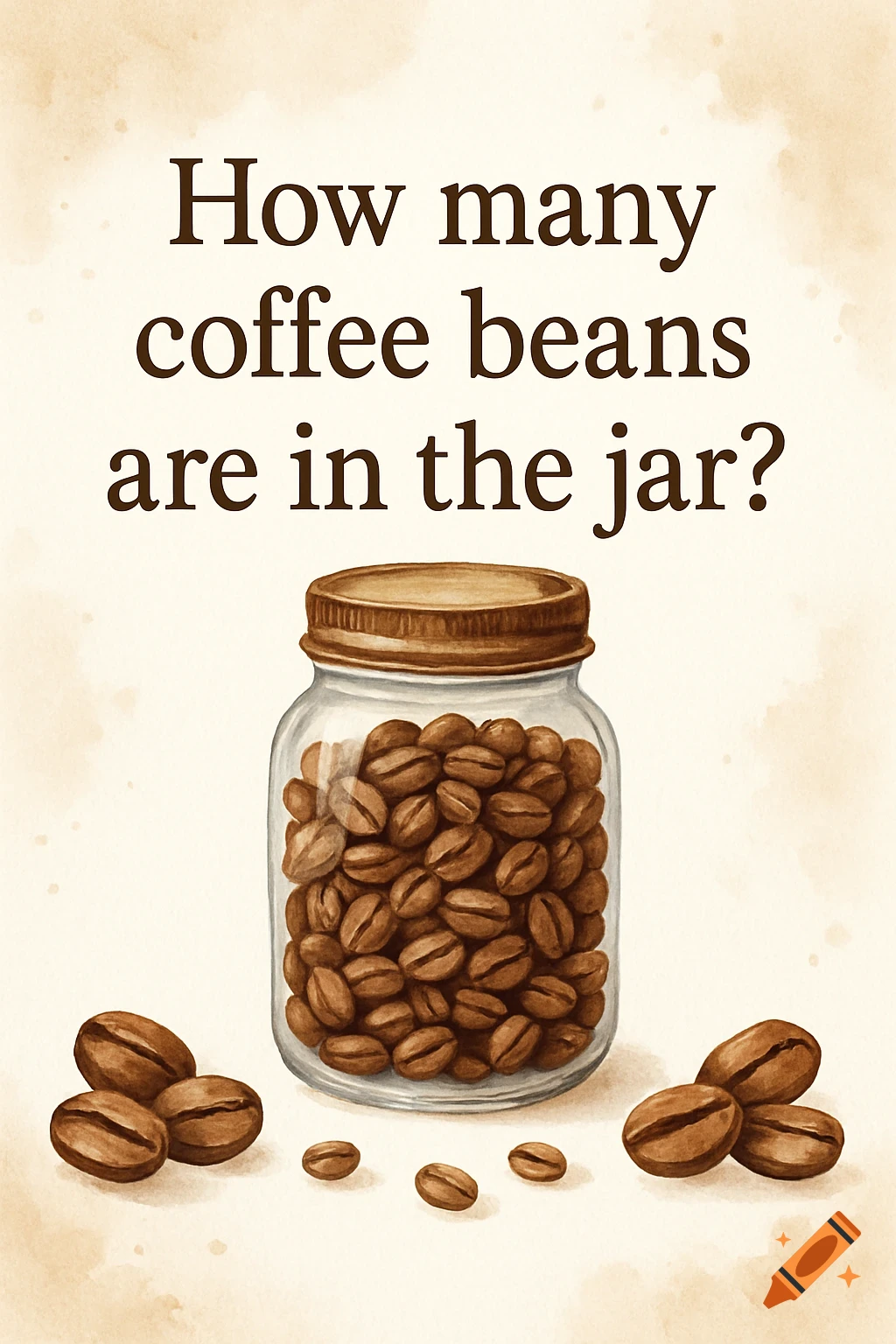 Watercolor illustration of a jar of coffee beans with the question 'How many coffee beans are in the jar?'