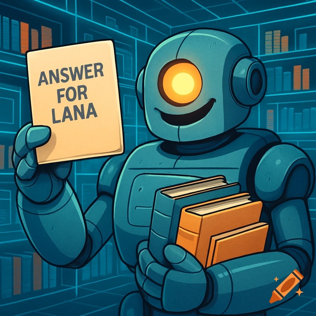 Friendly robot librarian holds up a sign that reads 'Answer for Lana' while holding books in a stylized library.