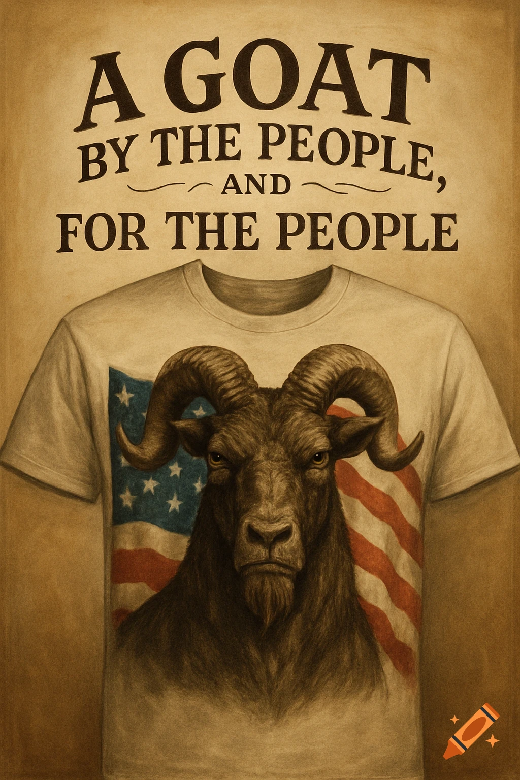 Illustration of a goat wearing a t-shirt with an American flag and text saying 'A GOAT BY THE PEOPLE, AND FOR THE PEOPLE'.