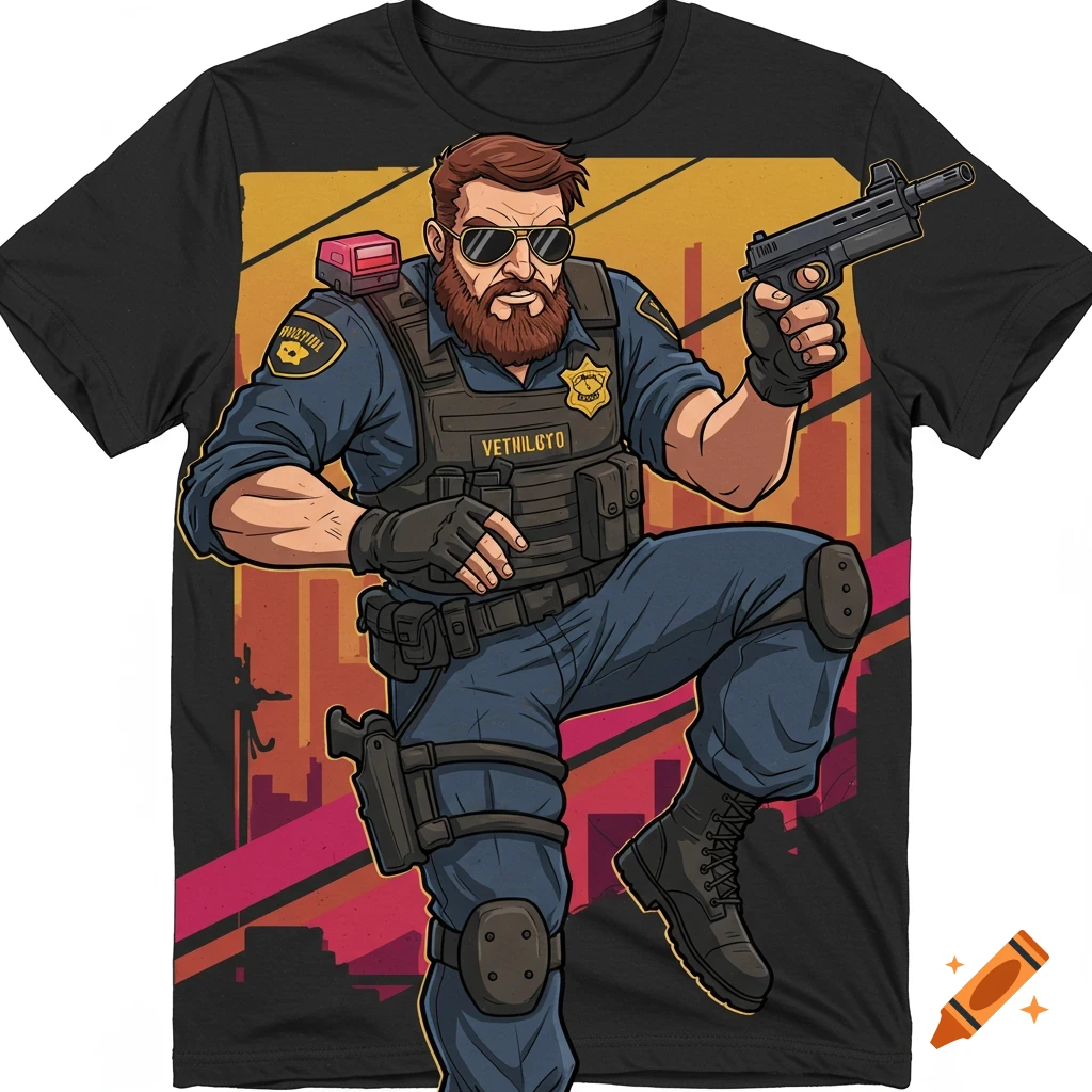 Stylized graphic art of a rugged vigilante police officer in tactical gear and sunglasses, holding a gun, in a retro action movie pose.