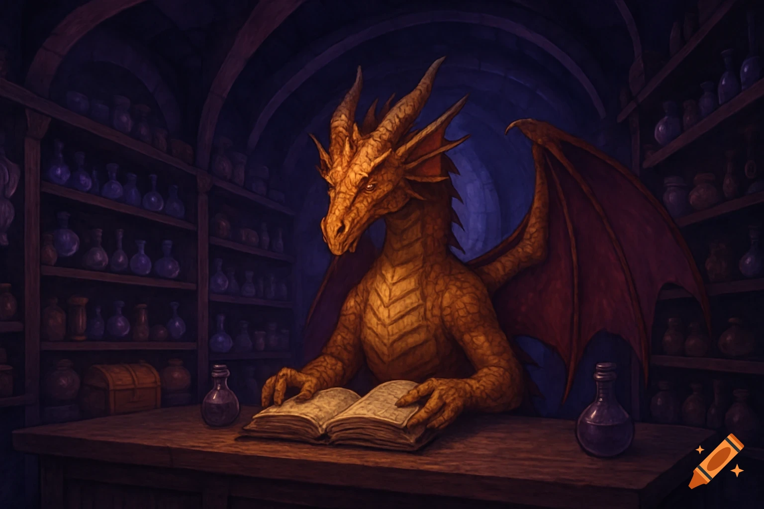 A golden dragon reads a large book at a counter in a dimly lit fantasy shop filled with potion bottles.