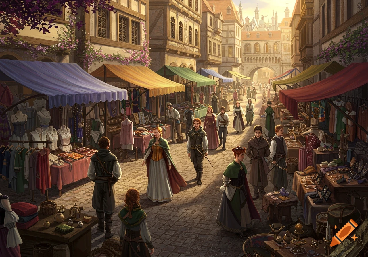 A bustling fantasy market in a town square, with stalls, vendors, and shoppers.