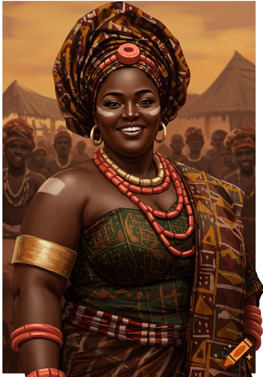 Portrait of a smiling woman in traditional African clothing and jewelry.