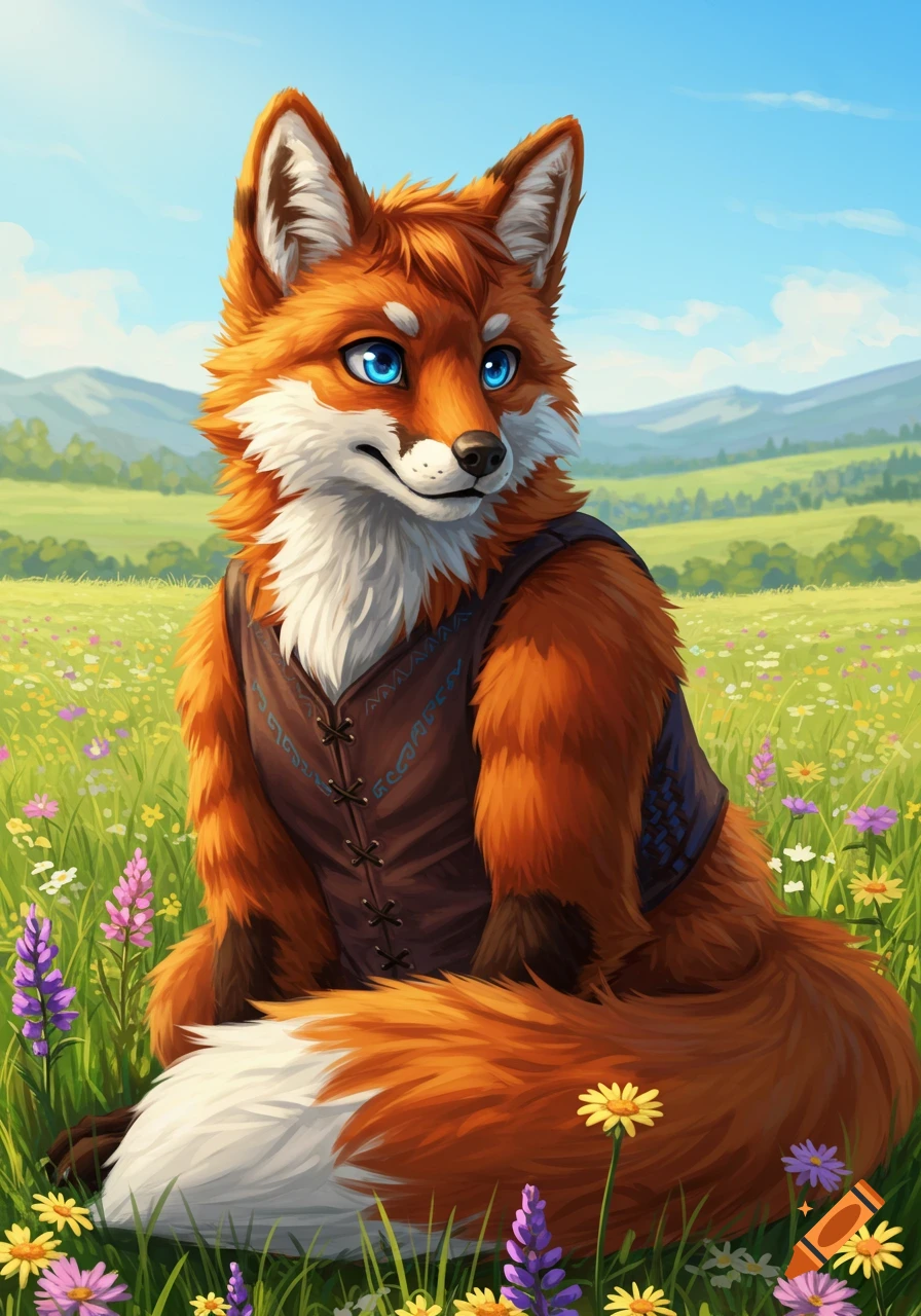 An anthropomorphic fox character with blue eyes sits in a field of flowers.