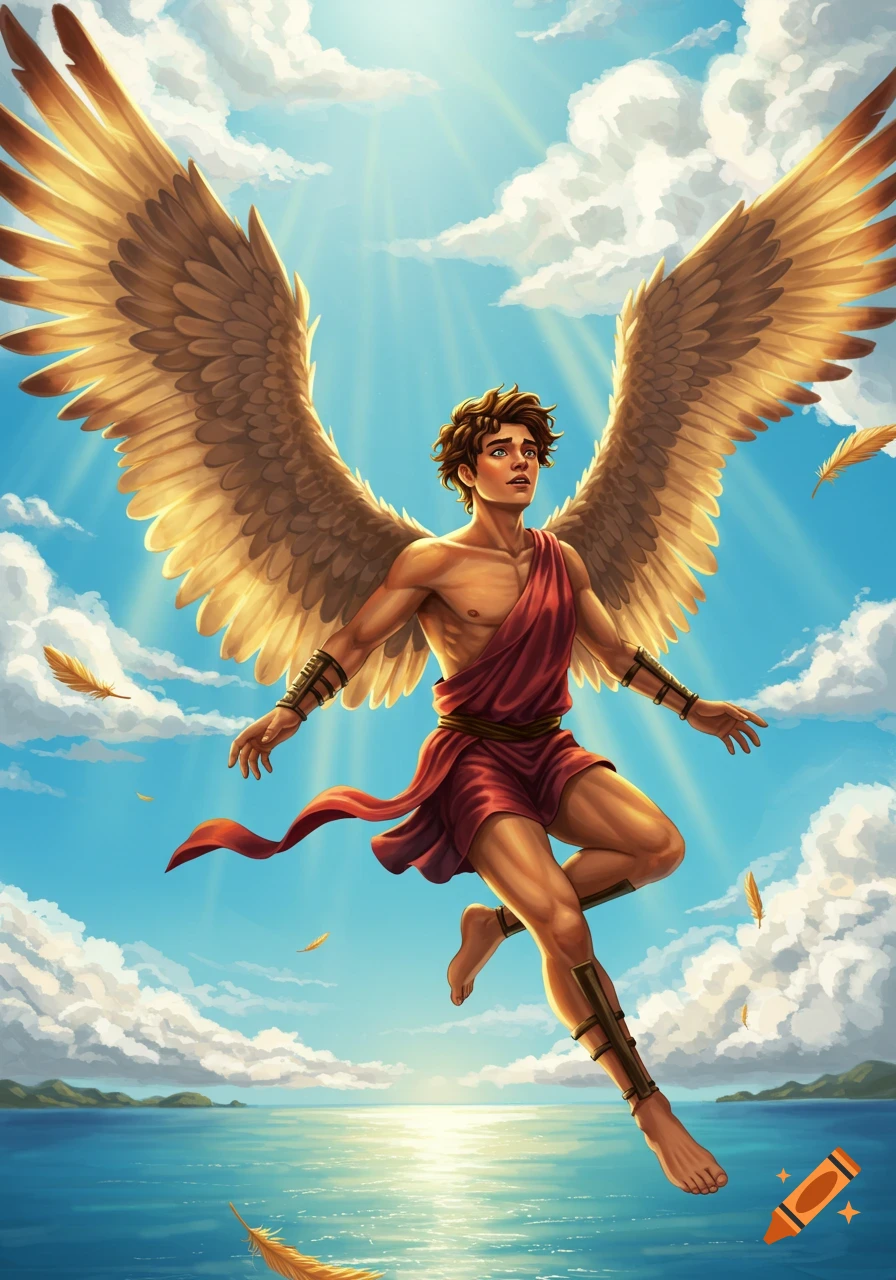 A young man with large golden wings flies above the sea towards the sun in a digital painting style.