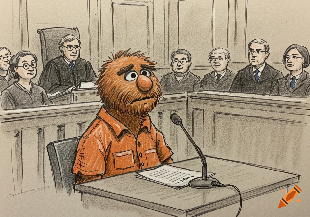 Courtroom sketch of a fuzzy orange character in an orange jumpsuit at a trial