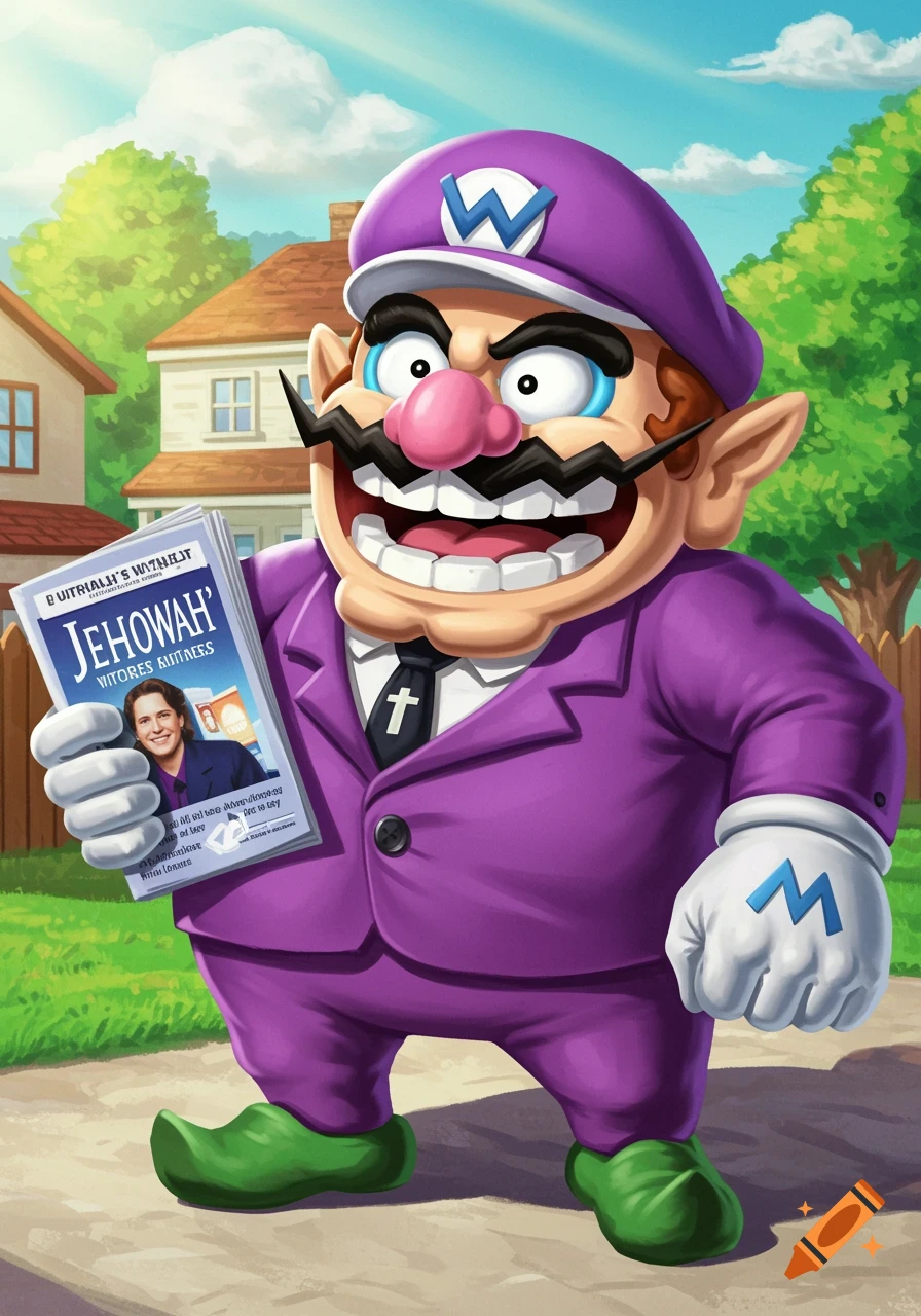 Cartoon character Wario in a purple suit and hat, holding a publication titled "JEHOVAH" and walking in a suburban neighborhood. Illustrated style.