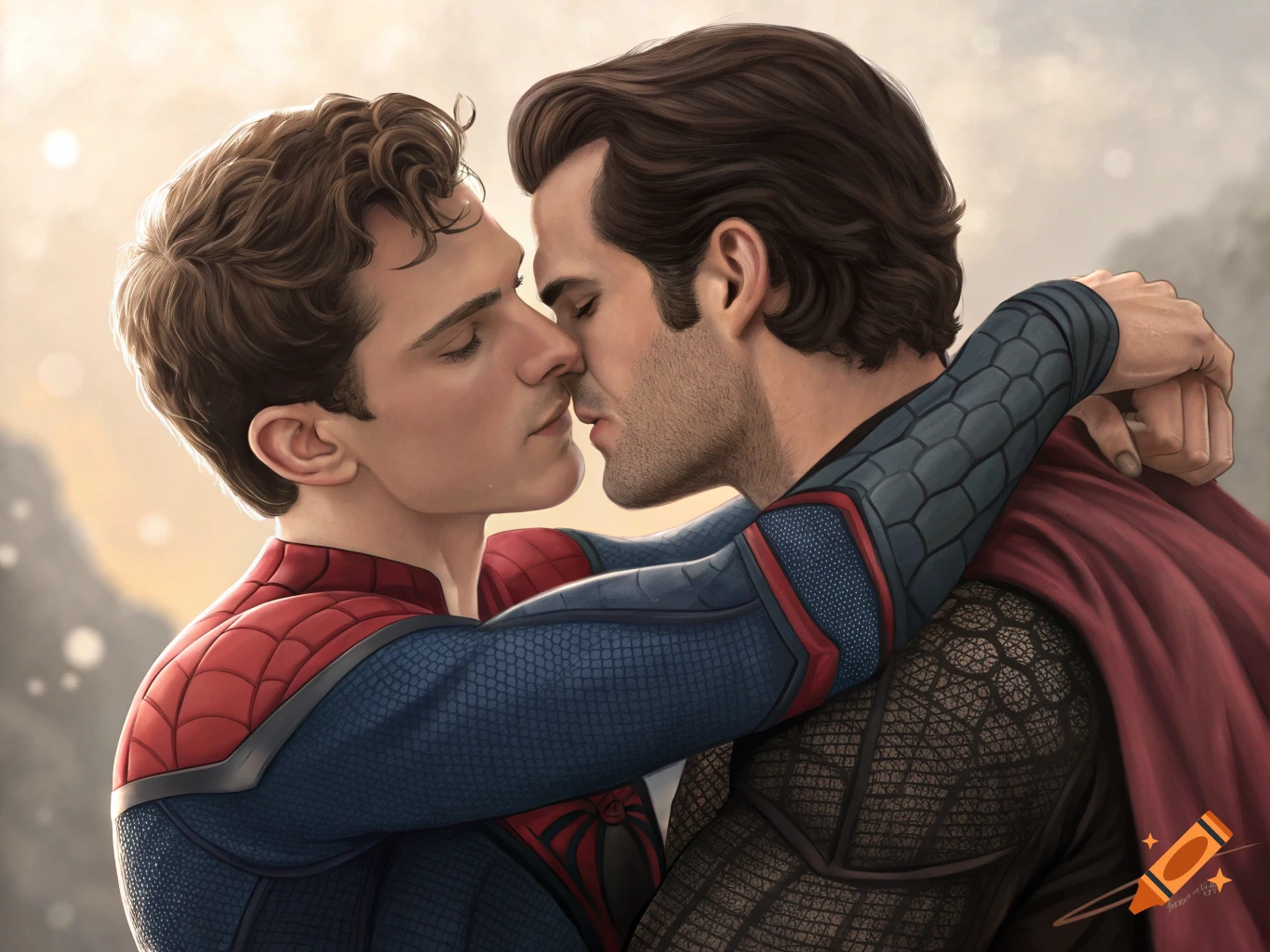 Digital painting of two men, one in a superhero suit with a spider symbol and the other with a red cape, kissing.