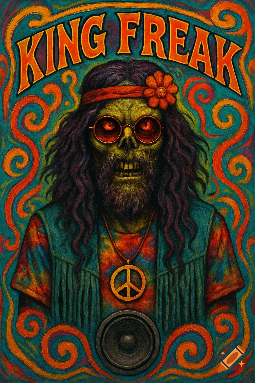 Psychedelic illustration of zombie in hippie clothes, with 'KING FREAK' text and a speaker.