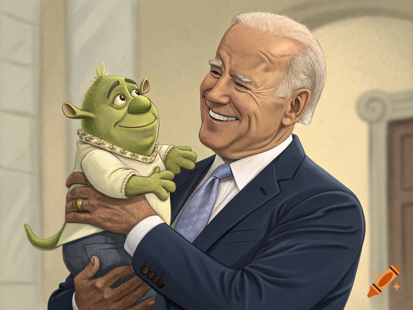Illustration of Joe Biden smiling while holding a small Shrek character