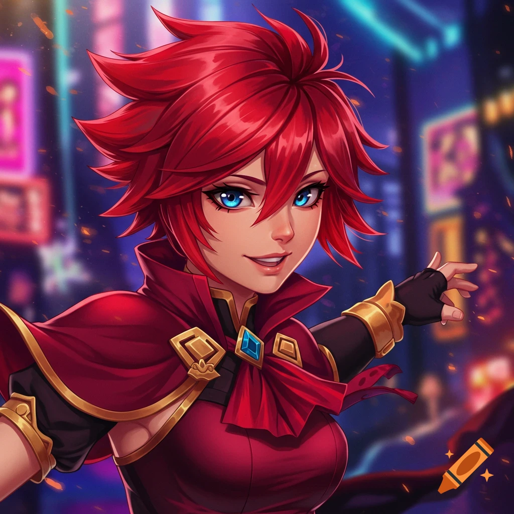 Anime illustration of a woman with red hair and blue eyes in a red outfit against a blurry city background.