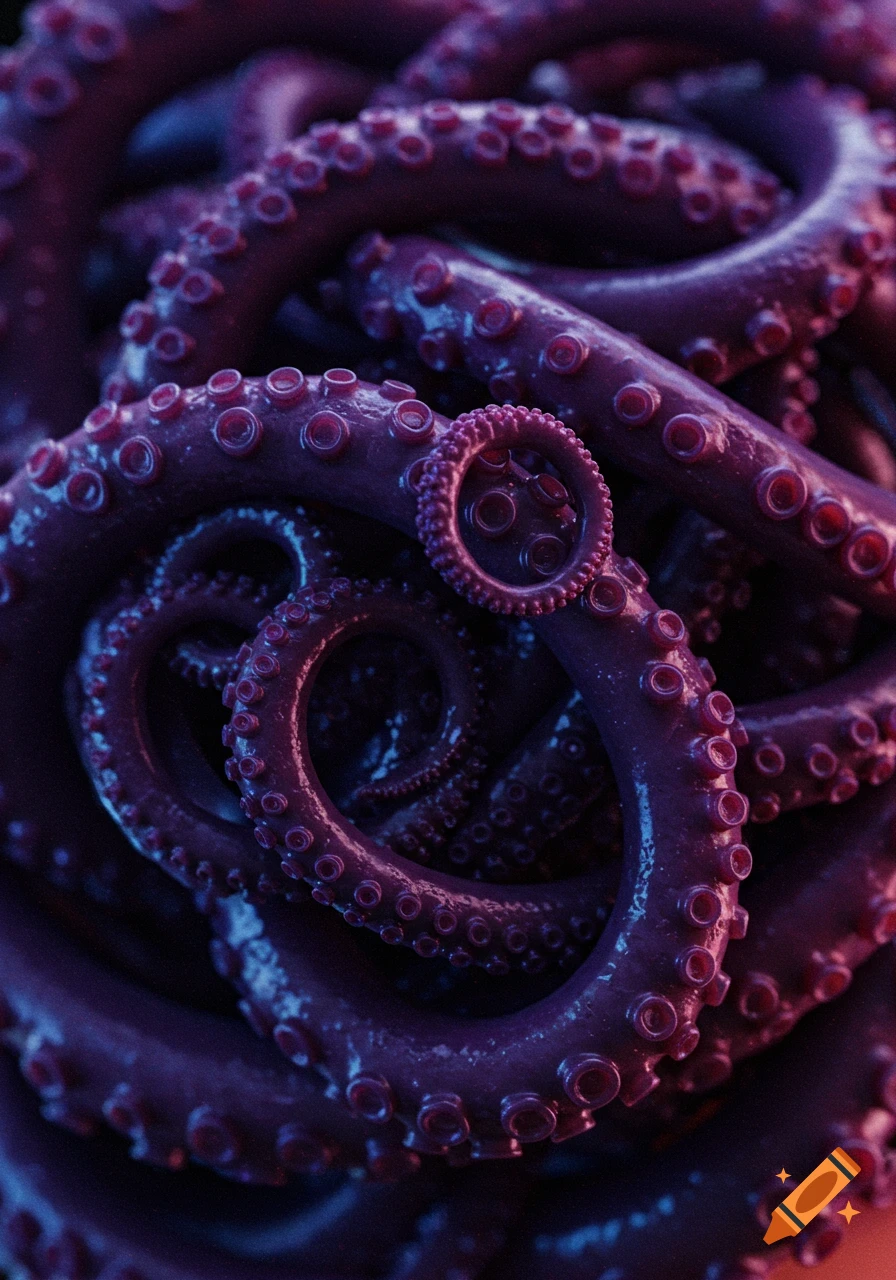 Close-up photo of swirling purple octopus tentacles covered in suckers, lit with purple and blue light.
