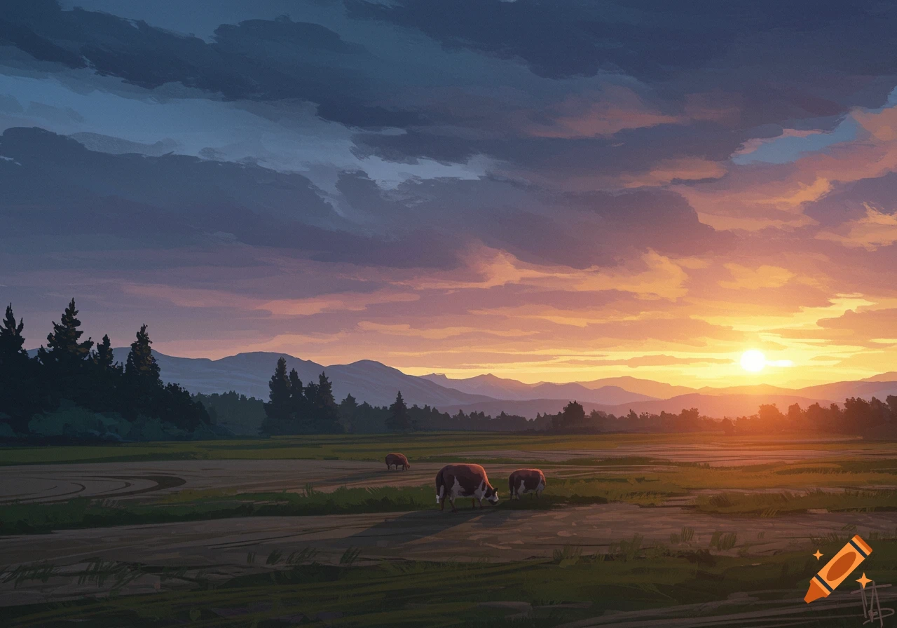 Cows graze in a field at sunset, with mountains and trees in the background. Painterly style.