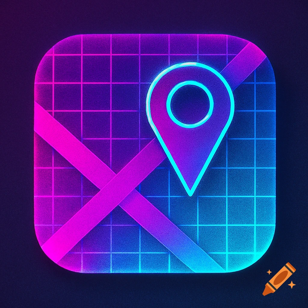 Vaporwave style map app icon with a location pin