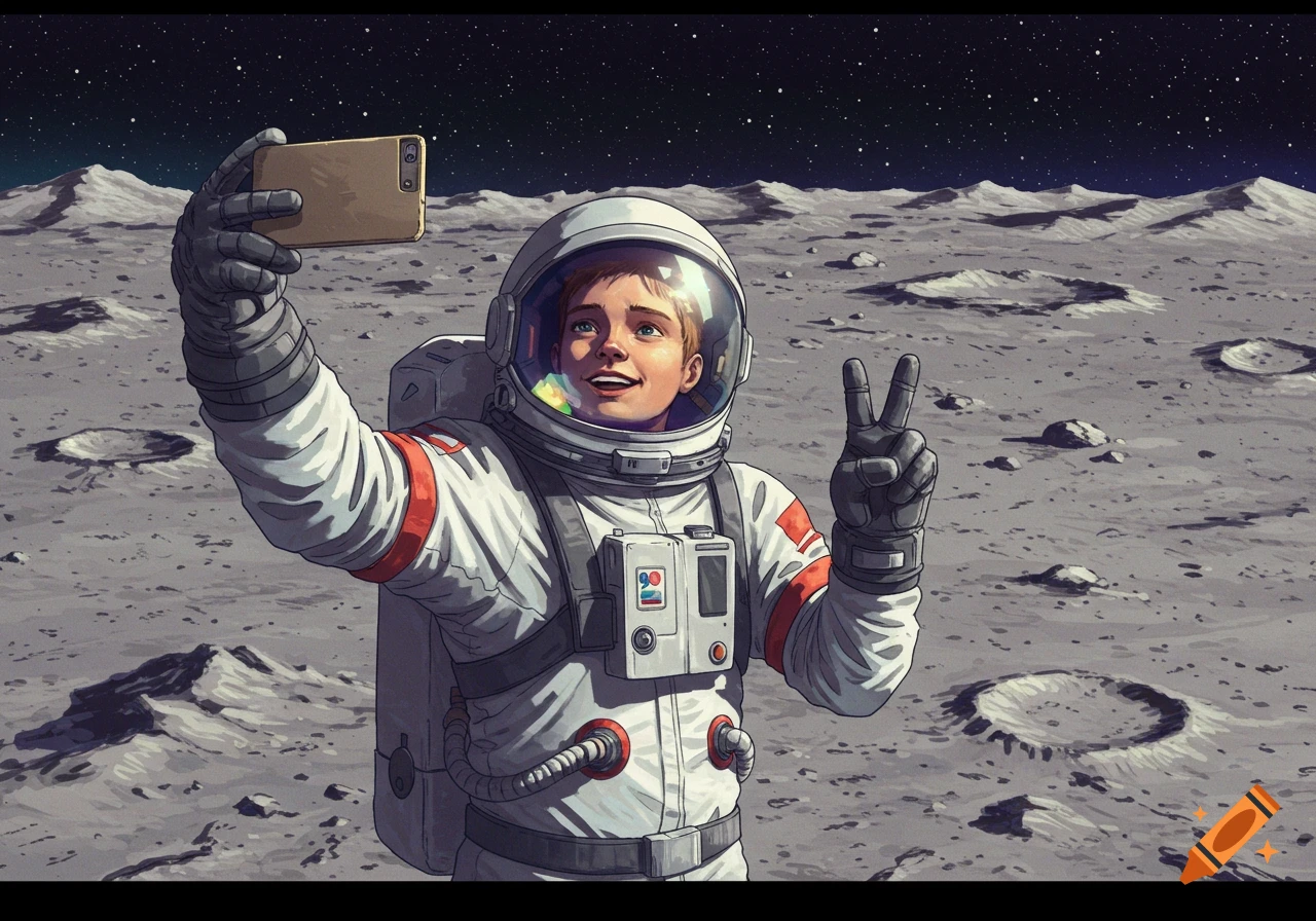An astronaut takes a selfie on the moon while making a peace sign, illustrated style.