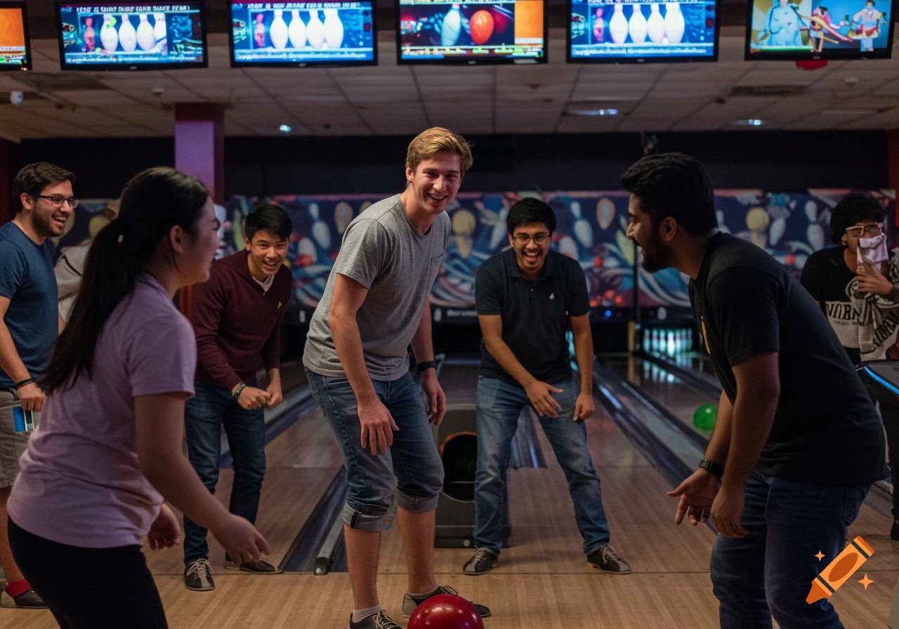 A group of smiling college students bowling at an alley.