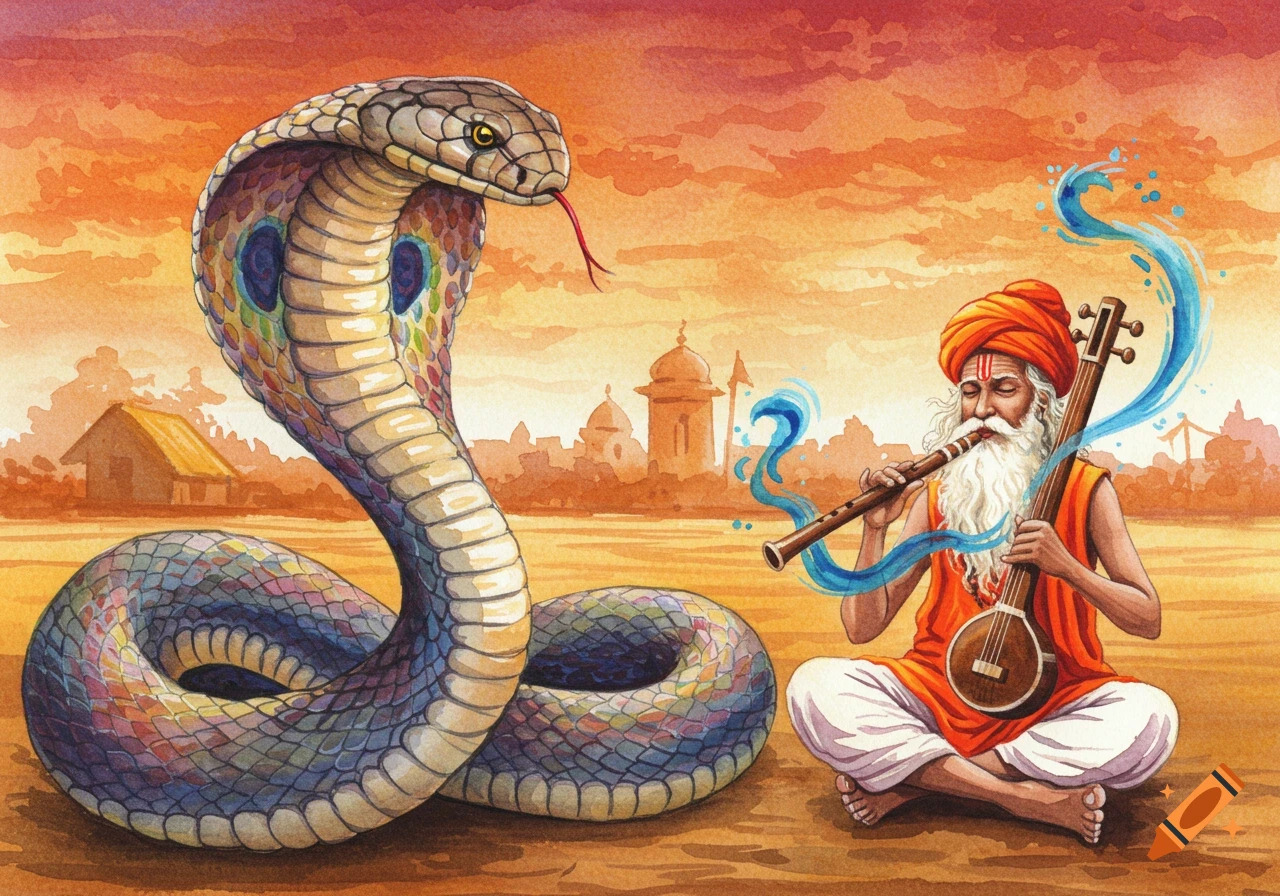 Watercolor painting of a giant cobra and an Indian man playing music at sunset in a rural setting.