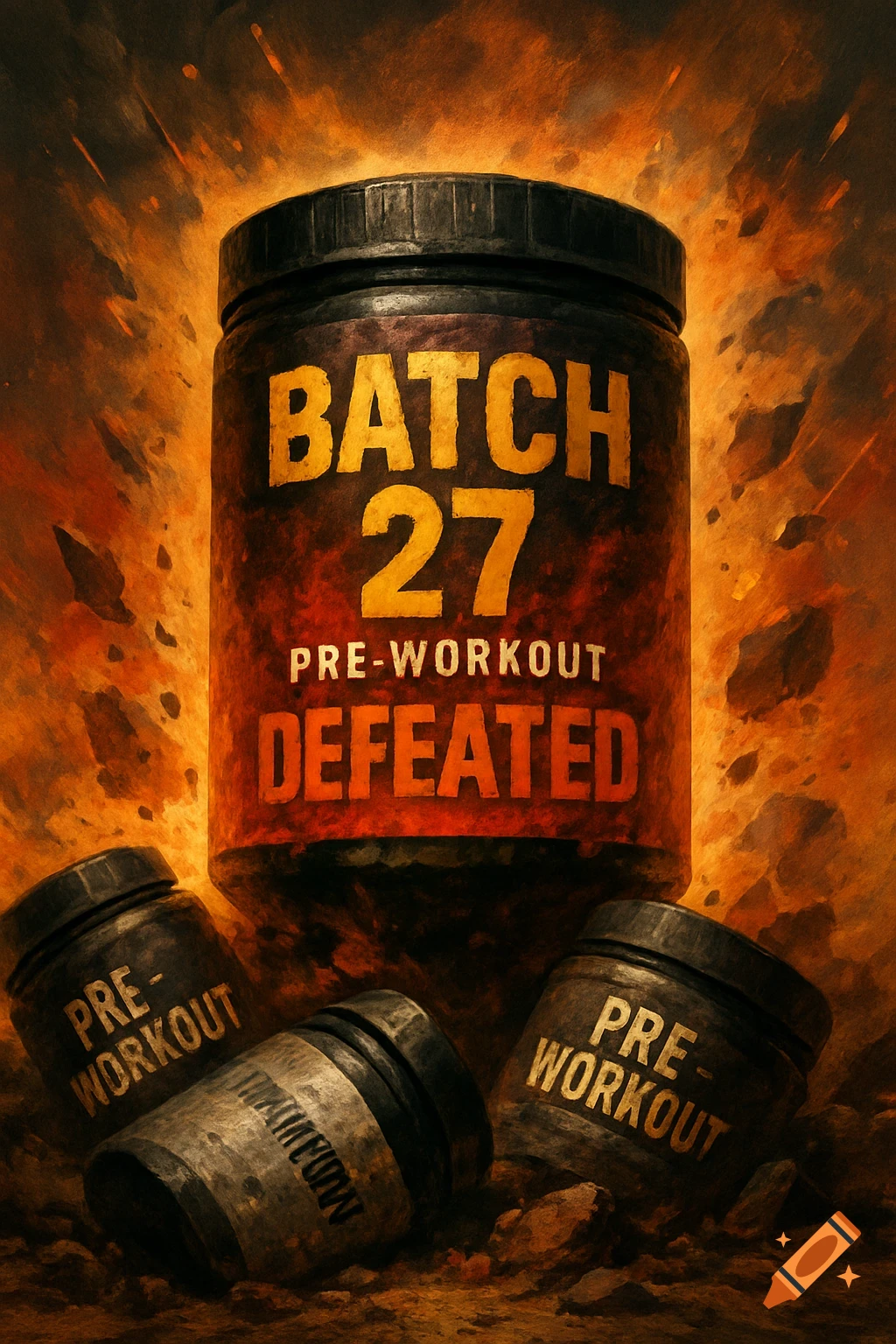 Pre-workout containers with text 'BATCH 27 PRE-WORKOUT DEFEATED' in a grunge style.