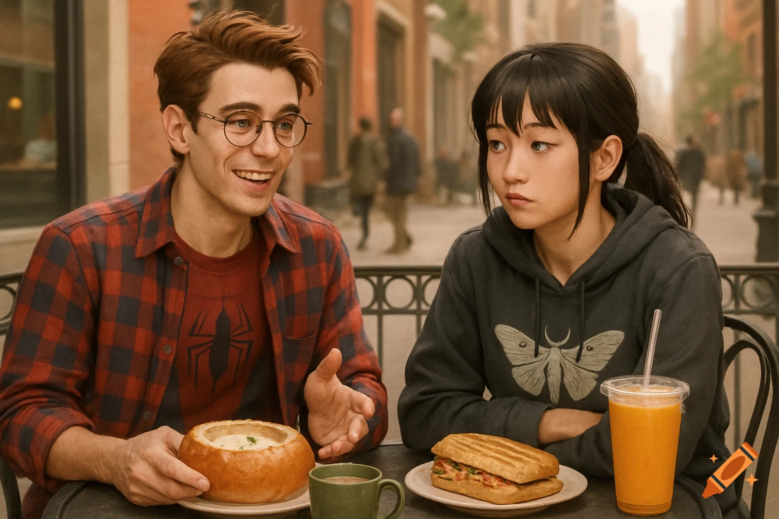 Two young people sit at an outdoor cafe table with food and drinks.