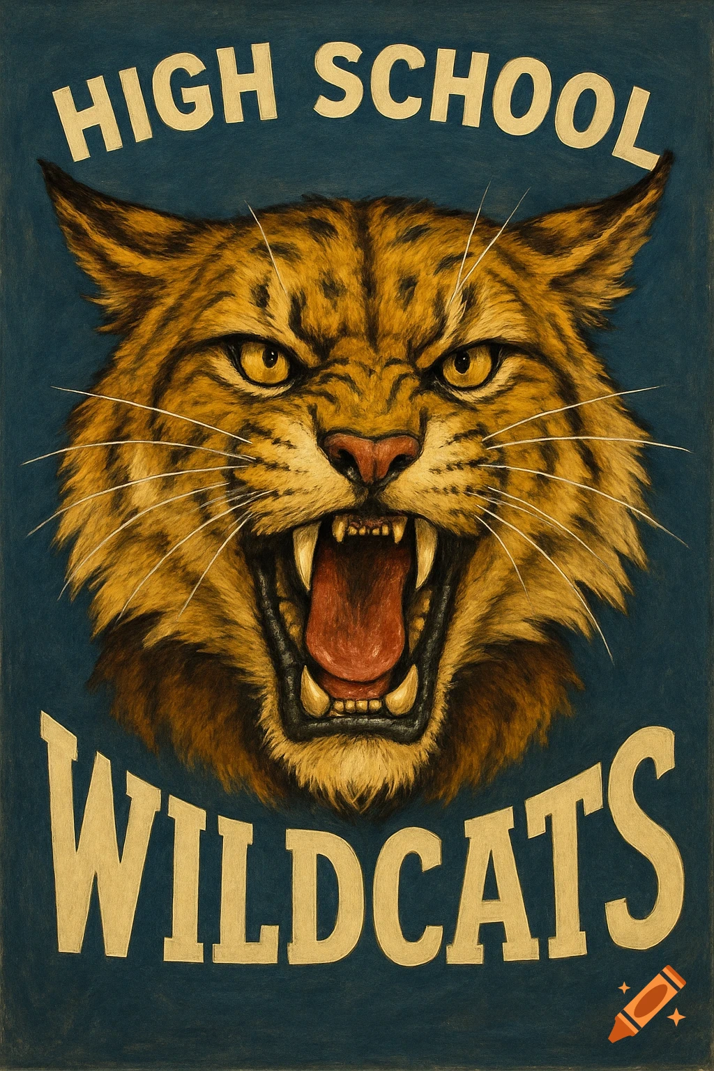 An illustration of a fierce wildcat mascot head with the words High School Wildcats on a blue background.