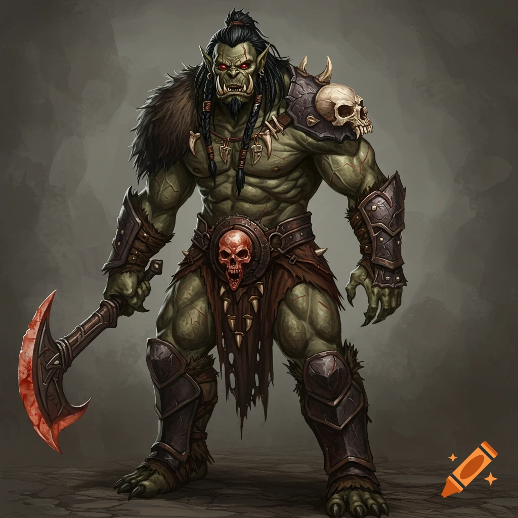 Full body fantasy illustration of a muscular green orc warrior with armor, skulls, and a bloody axe, standing in a studio pose.
